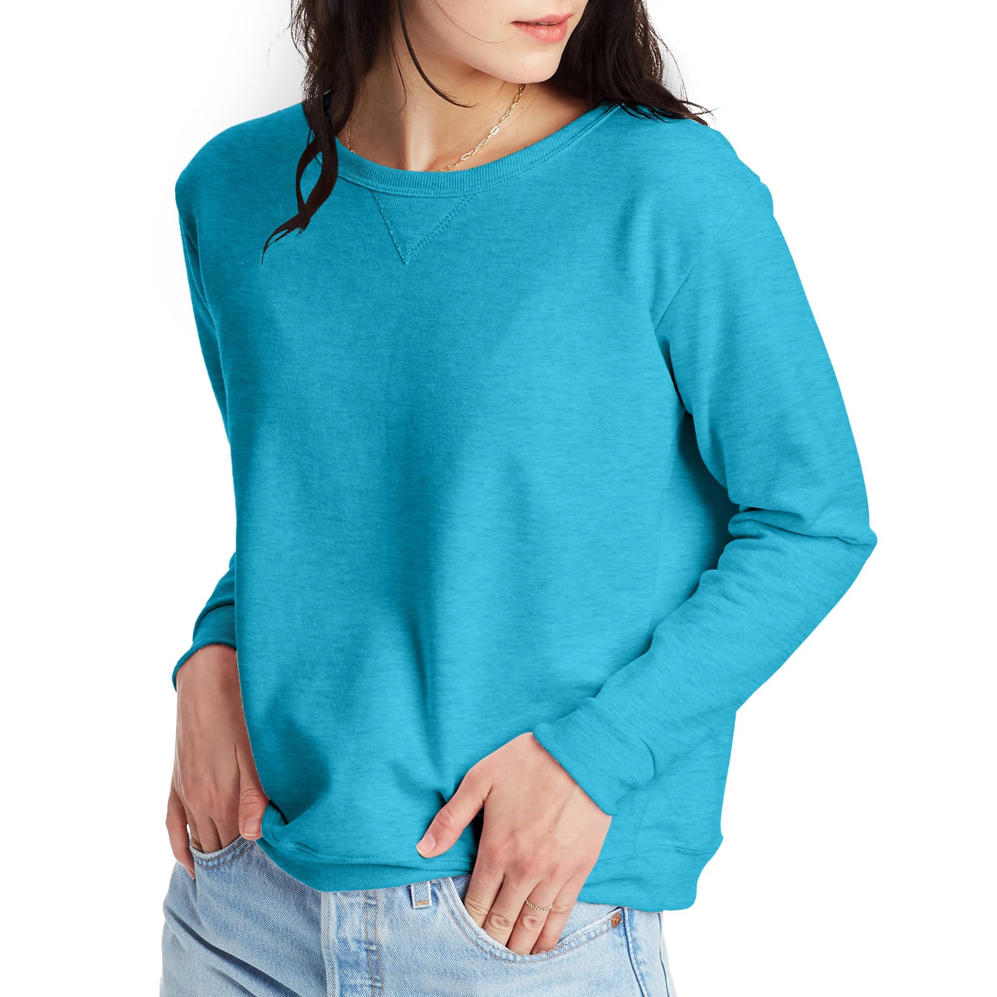 Hanes Women's Ecosmart V-Notch Crewneck Sweatshirt, Fleece Pullover Sweatshirt For Women